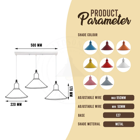 Industrial Vintage Loft Kitchen Bar 3 Lights Fittings Ceiling Cone Metal E27