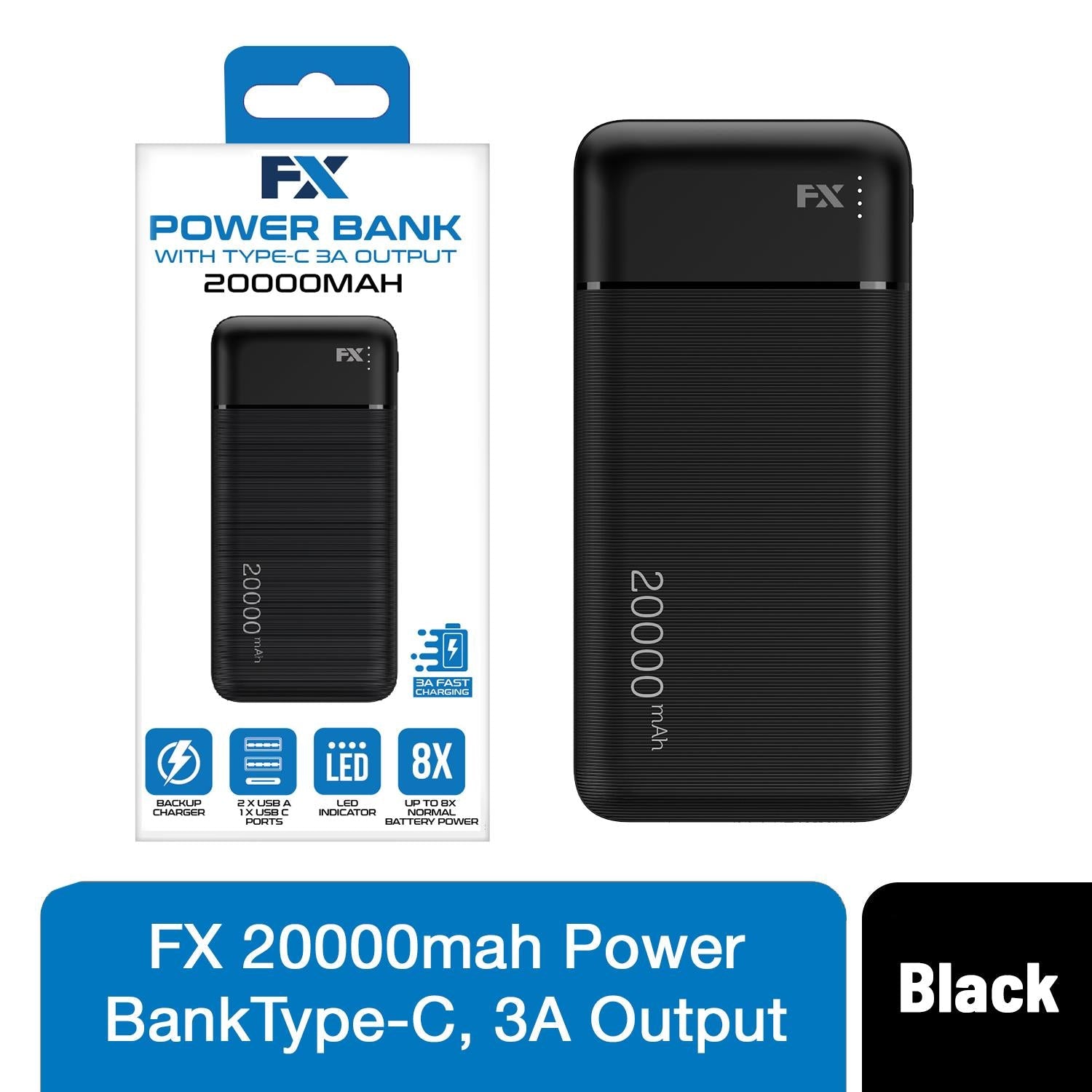 FX 20000 mAh Powerbank with Type-C 3A Output, Black