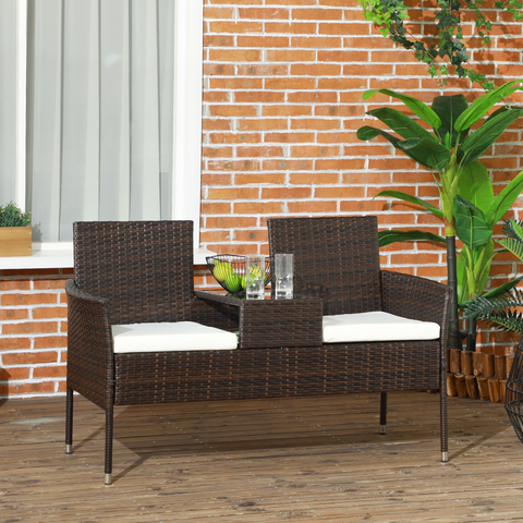 Outsunny Rattan Garden Bench w/ Glass Tea Table, Wicker Chair w/ Cushions, Grey