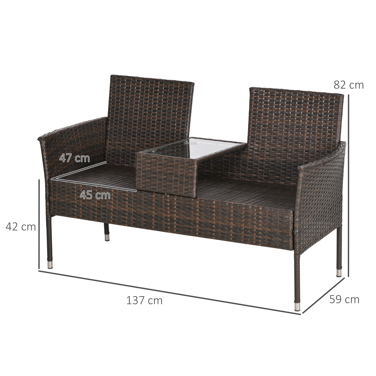 Outsunny Rattan Garden Bench w/ Glass Tea Table, Wicker Chair w/ Cushions, Grey