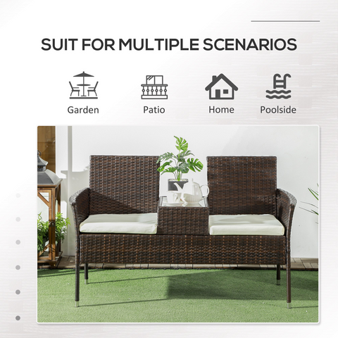 Outsunny Rattan Garden Bench w/ Glass Tea Table, Wicker Chair w/ Cushions, Grey