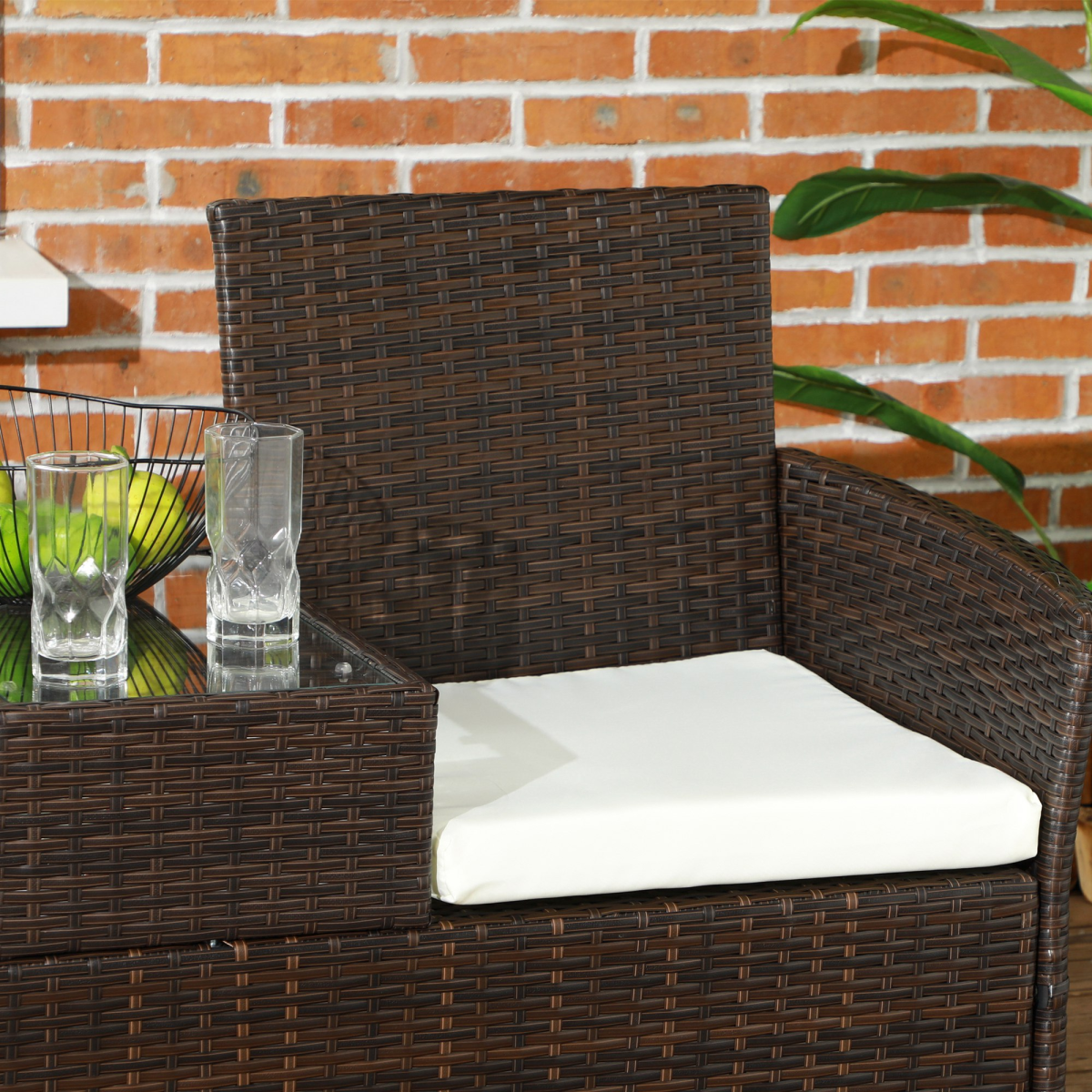 Outsunny Rattan Garden Bench w/ Glass Tea Table, Wicker Chair w/ Cushions, Grey