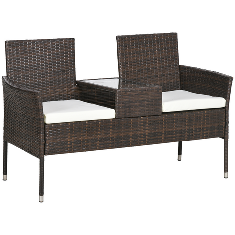 Outsunny Rattan Garden Bench w/ Glass Tea Table, Wicker Chair w/ Cushions, Grey