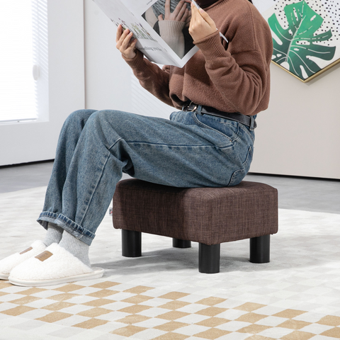 HOMCOM Chic Linen Fabric Footstool Ottoman Cube with 4 Plastic Legs Brown