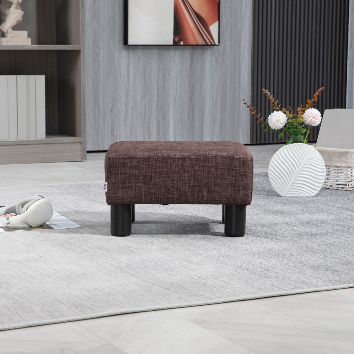 HOMCOM Chic Linen Fabric Footstool Ottoman Cube with 4 Plastic Legs Brown