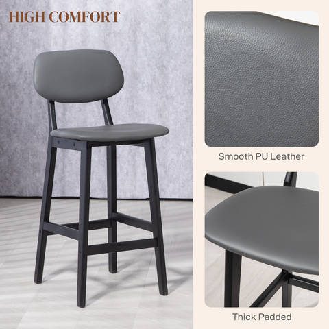 HOMCOM Breakfast Bar stools Set of 2 with PU Leather Cover, Wood Legs, Brown
