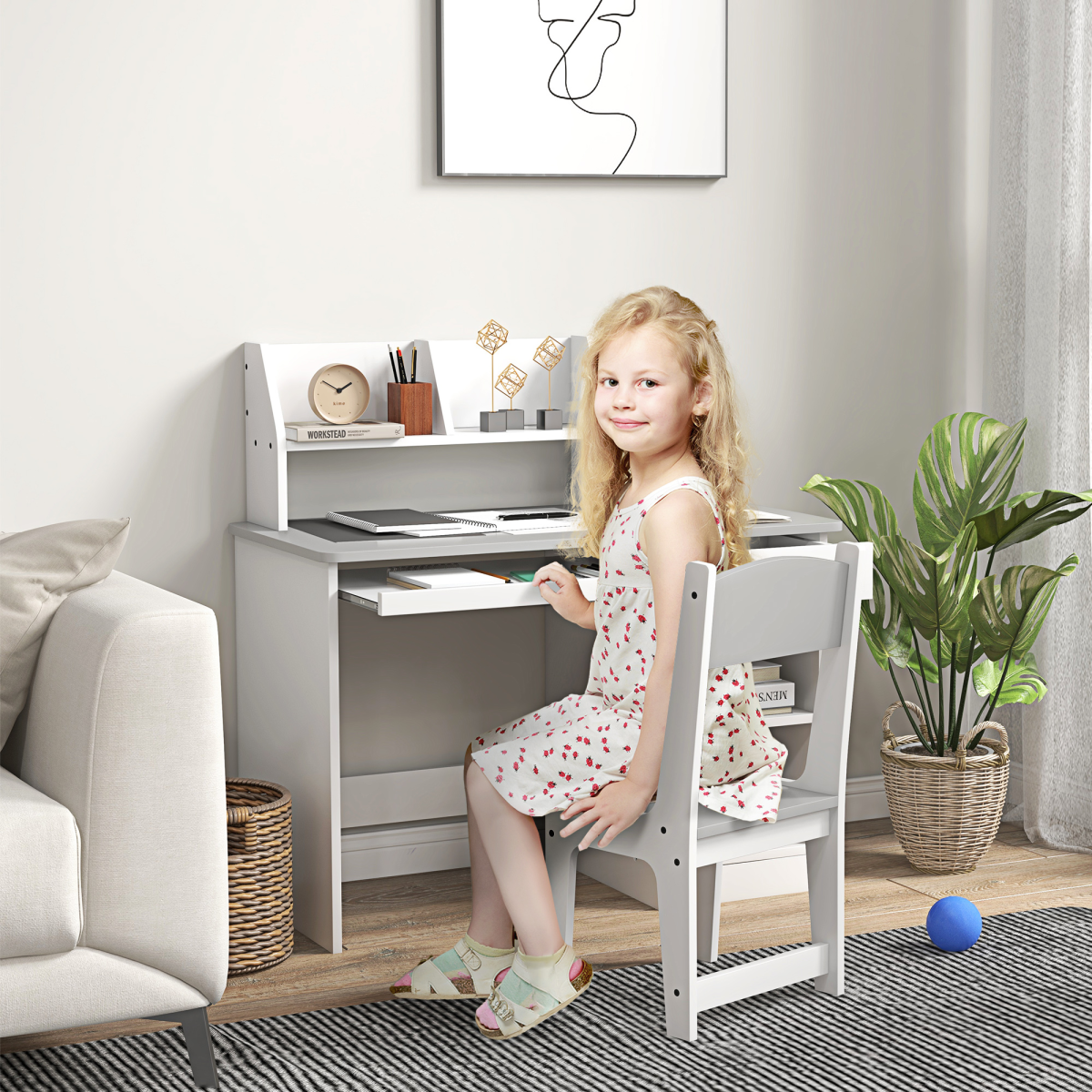 ZONEKIZ Kids Desk and Chair Set with Storage for 5-8 Years, Pink