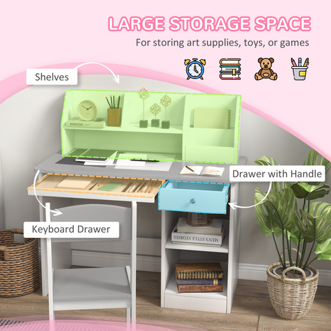 ZONEKIZ Kids Desk and Chair Set with Storage for 5-8 Years, Pink
