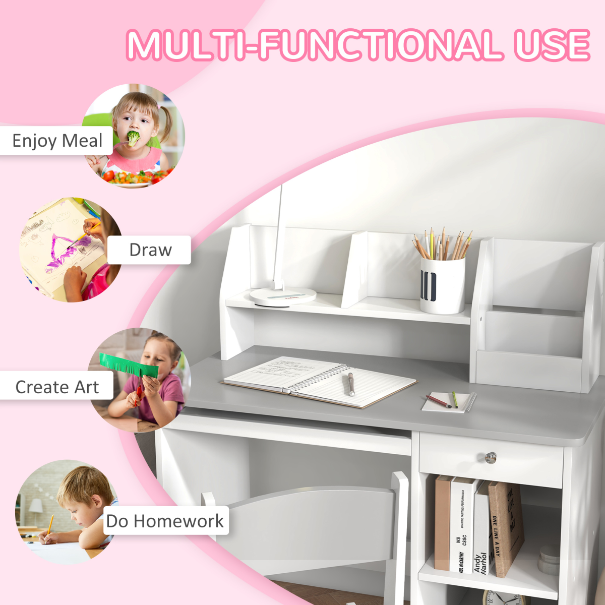 ZONEKIZ Kids Desk and Chair Set with Storage for 5-8 Years, Pink