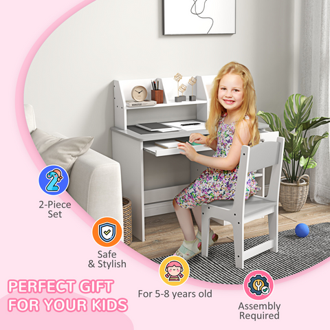 ZONEKIZ Kids Desk and Chair Set with Storage for 5-8 Years, Pink
