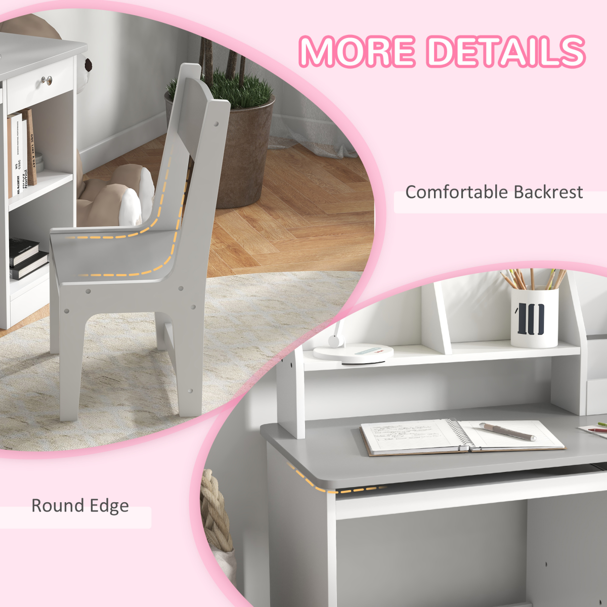 ZONEKIZ Kids Desk and Chair Set with Storage for 5-8 Years, Pink