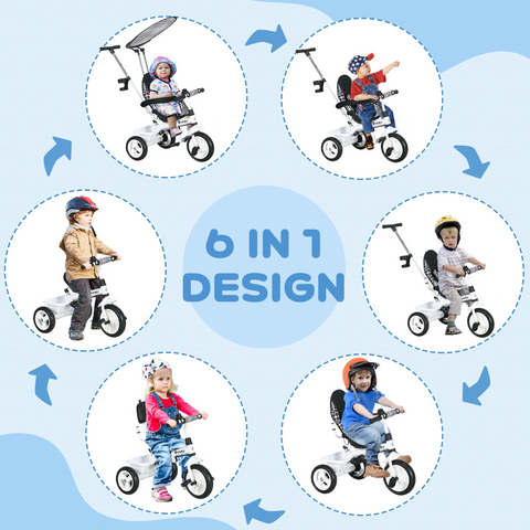 HOMCOM 6 in 1 Kids Tricycle w/ Removable Handle for 1.5+ year, Blue