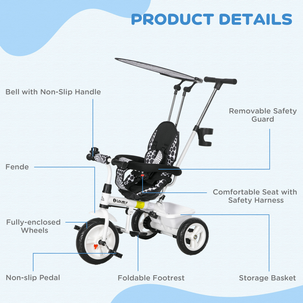 HOMCOM 6 in 1 Kids Tricycle w/ Removable Handle for 1.5+ year, Blue