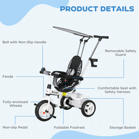 HOMCOM 6 in 1 Kids Tricycle w/ Removable Handle for 1.5+ year, Blue