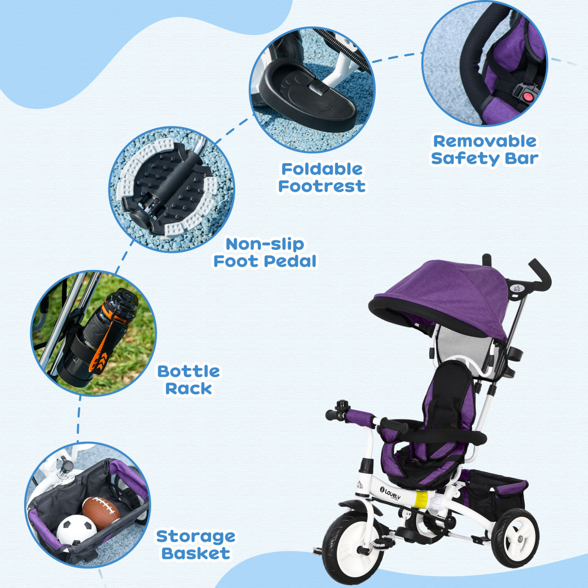 HOMCOM 6 in 1 Kids Trike, Stroller with Parent Handle, Green
