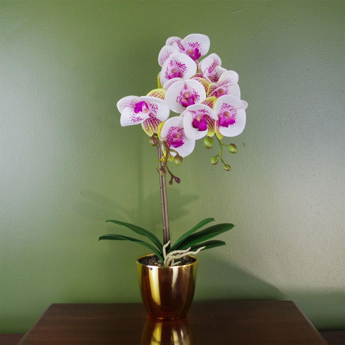 48cm Harlequin Orchid Artificial Pink with Gold Pot