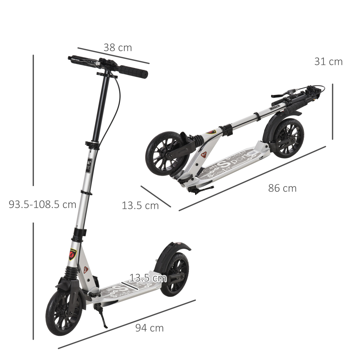 HOMCOM Adult Teens Kick Scooter Fold Adjust 14+ w/ Rear Wheel&Hand Brake