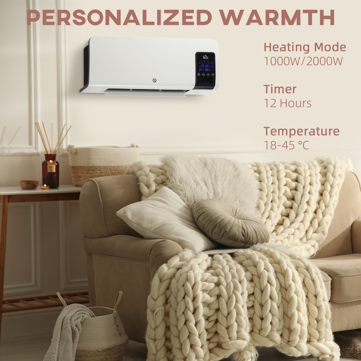 HOMCOM 2000W Wall Mounted Ceramic Heater with Remote Control for Home