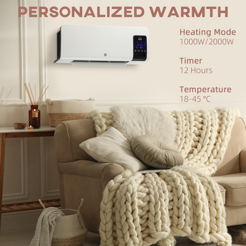 HOMCOM 2000W Wall Mounted Ceramic Heater with Remote Control for Home