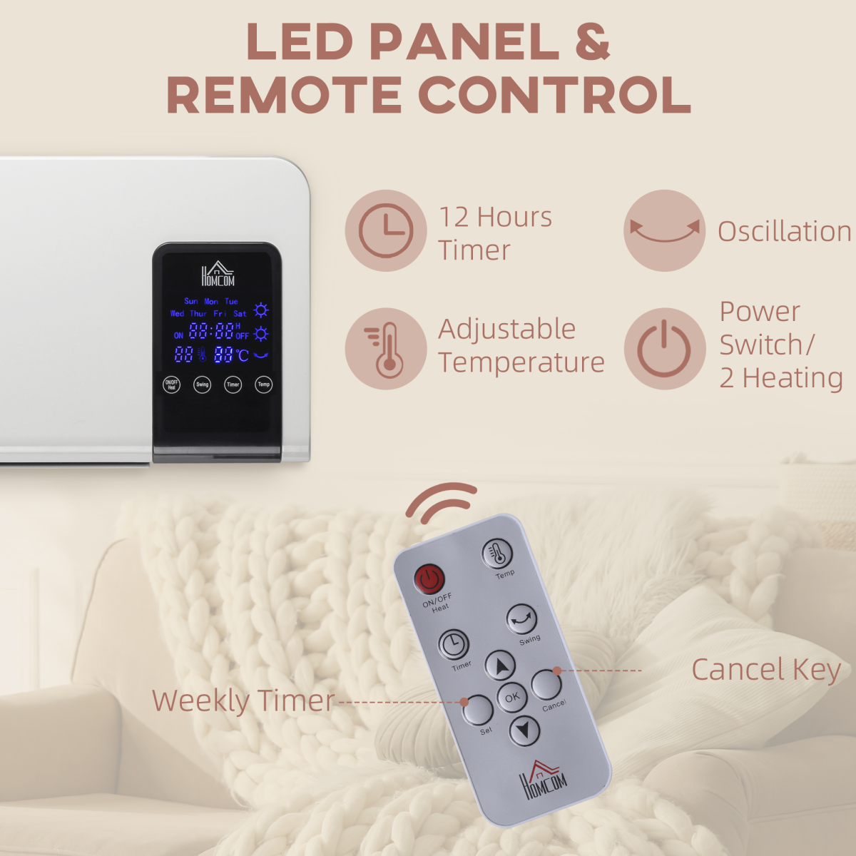 HOMCOM 2000W Wall Mounted Ceramic Heater with Remote Control for Home