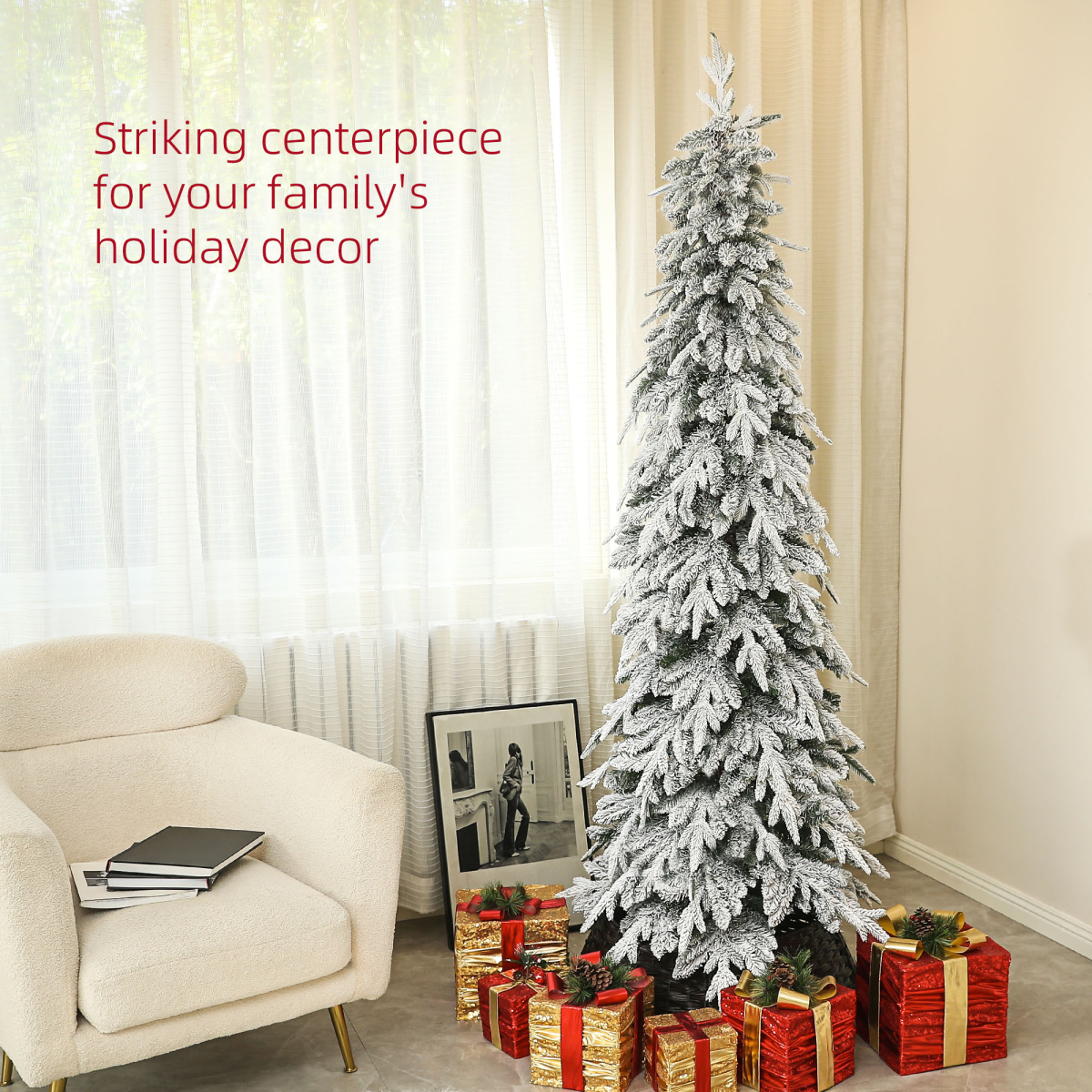 HOMCOM 6ft Flocked Pencil Christmas Tree with Auto Open, Steel Base