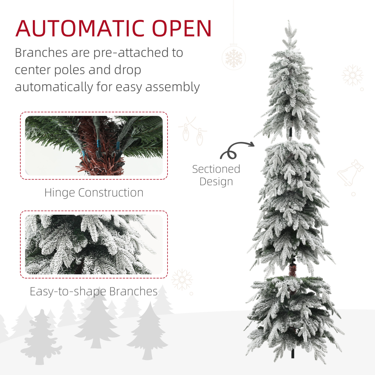 HOMCOM 6ft Flocked Pencil Christmas Tree with Auto Open, Steel Base