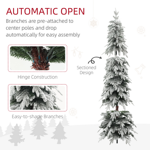 HOMCOM 6ft Flocked Pencil Christmas Tree with Auto Open, Steel Base