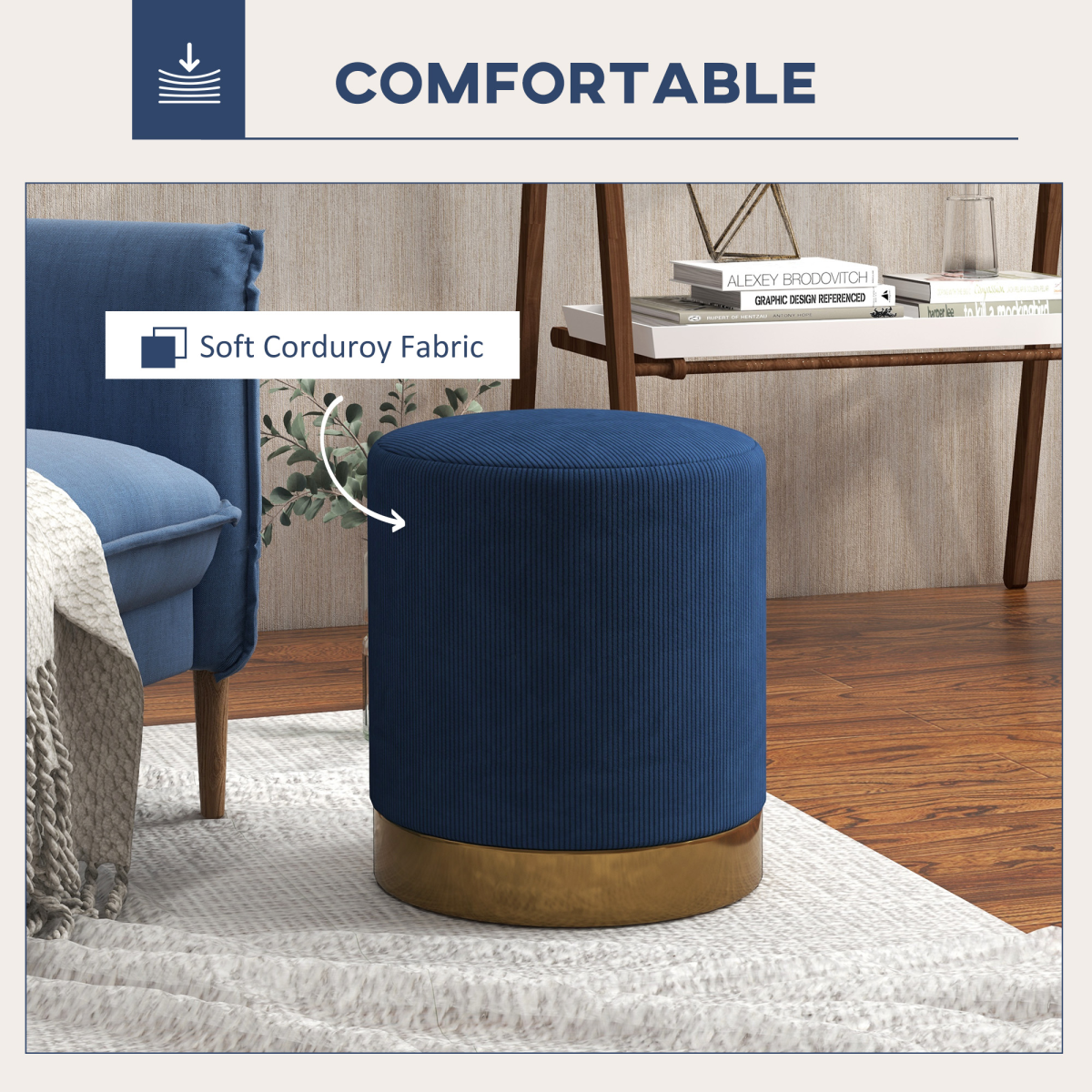 HOMCOM Modern Round Footstool, Fabric Upholstered Foot Rest