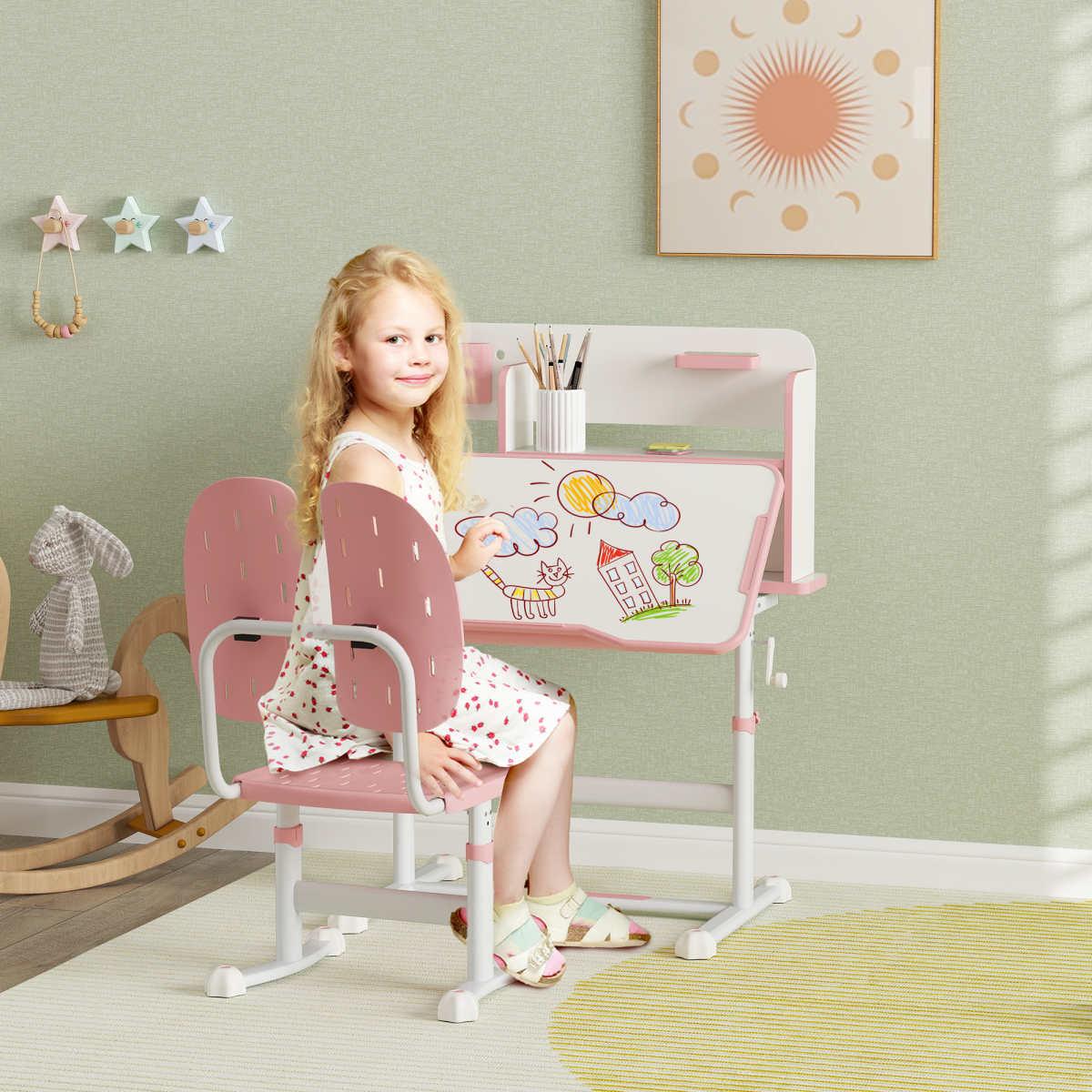 AIYAPLAY Kids Desk and Chair Set w/ Tiltable Desktop Reading Rack