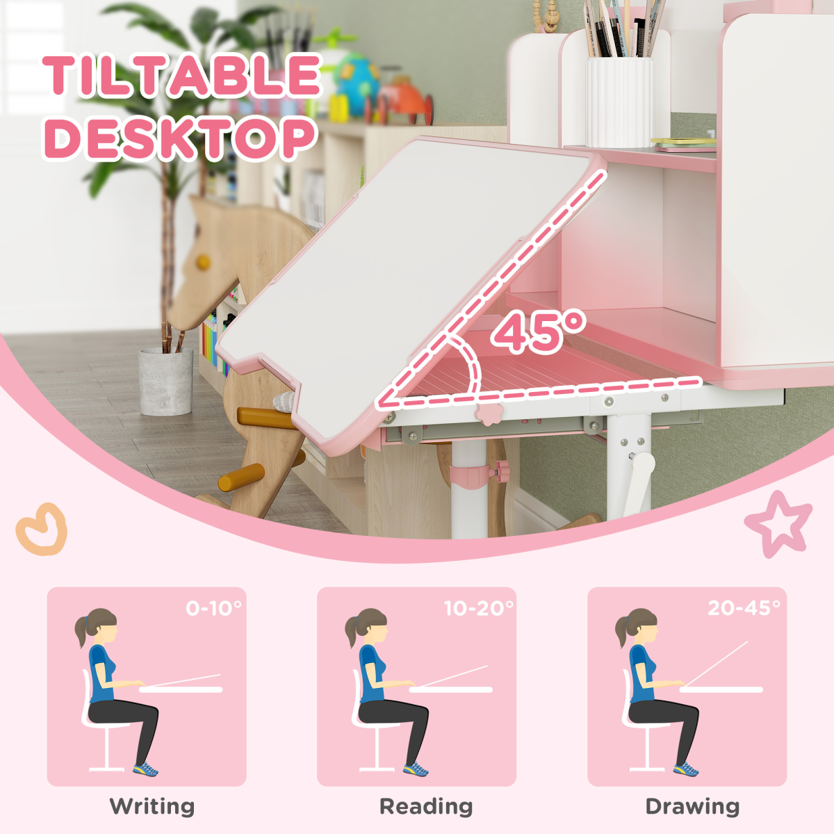 AIYAPLAY Kids Desk and Chair Set w/ Tiltable Desktop Reading Rack