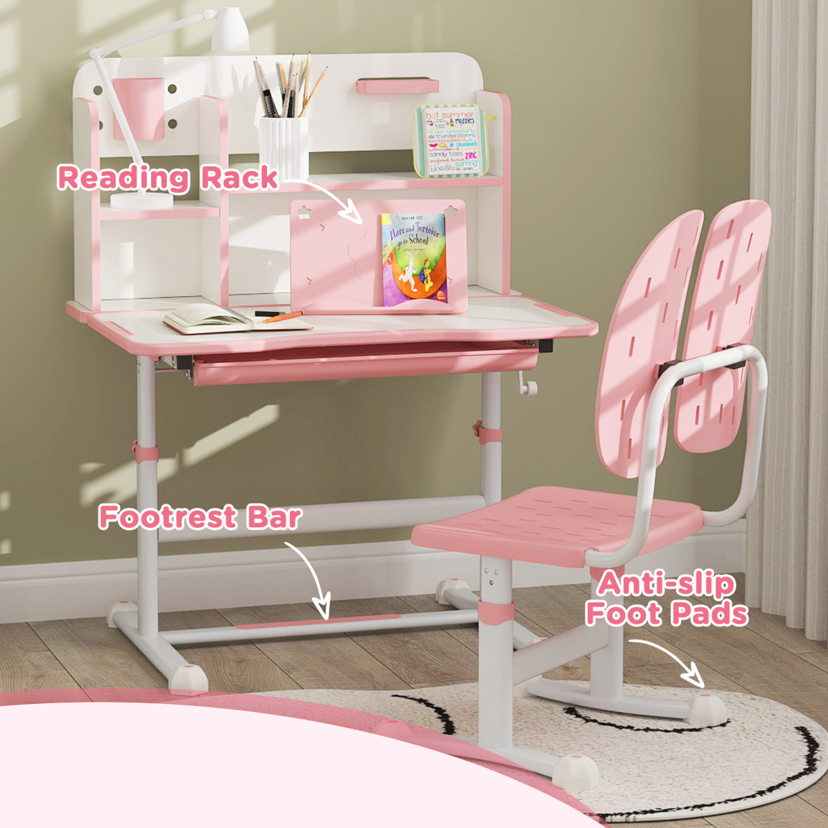 AIYAPLAY Kids Desk and Chair Set w/ Tiltable Desktop Reading Rack