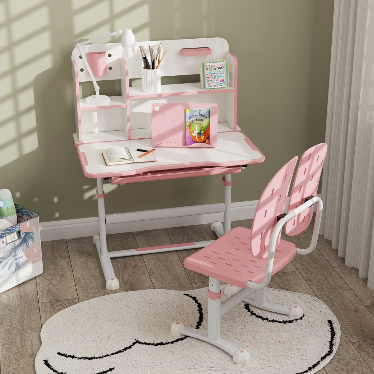 AIYAPLAY Kids Desk and Chair Set w/ Tiltable Desktop Reading Rack