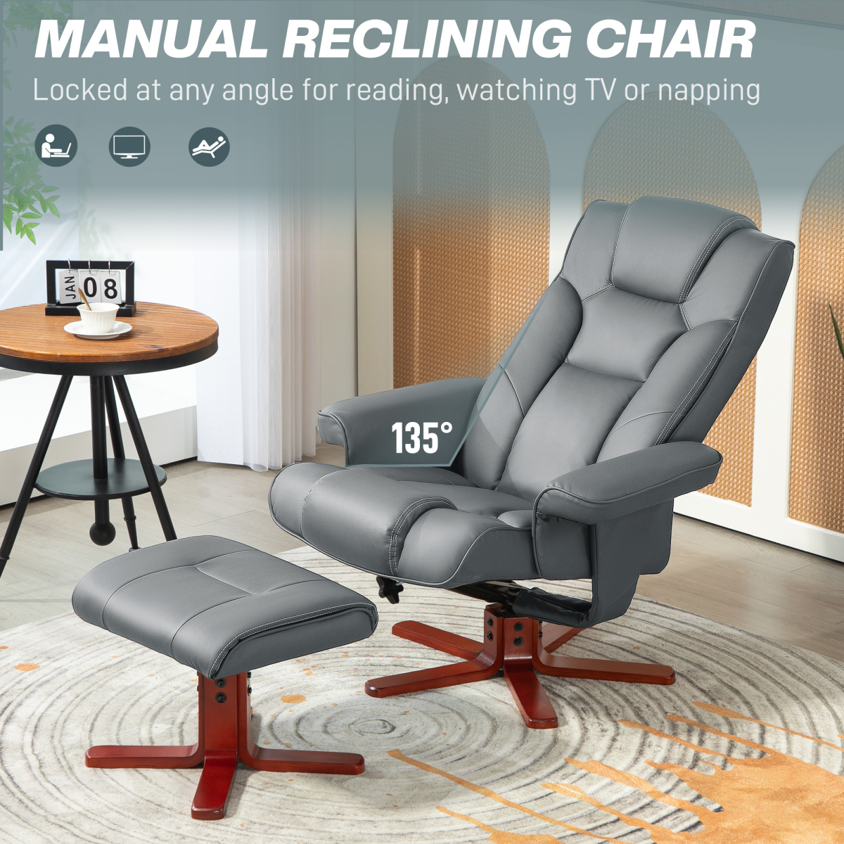 HOMCOM Reclining Armchair with Footstool and Adjustable Backrest