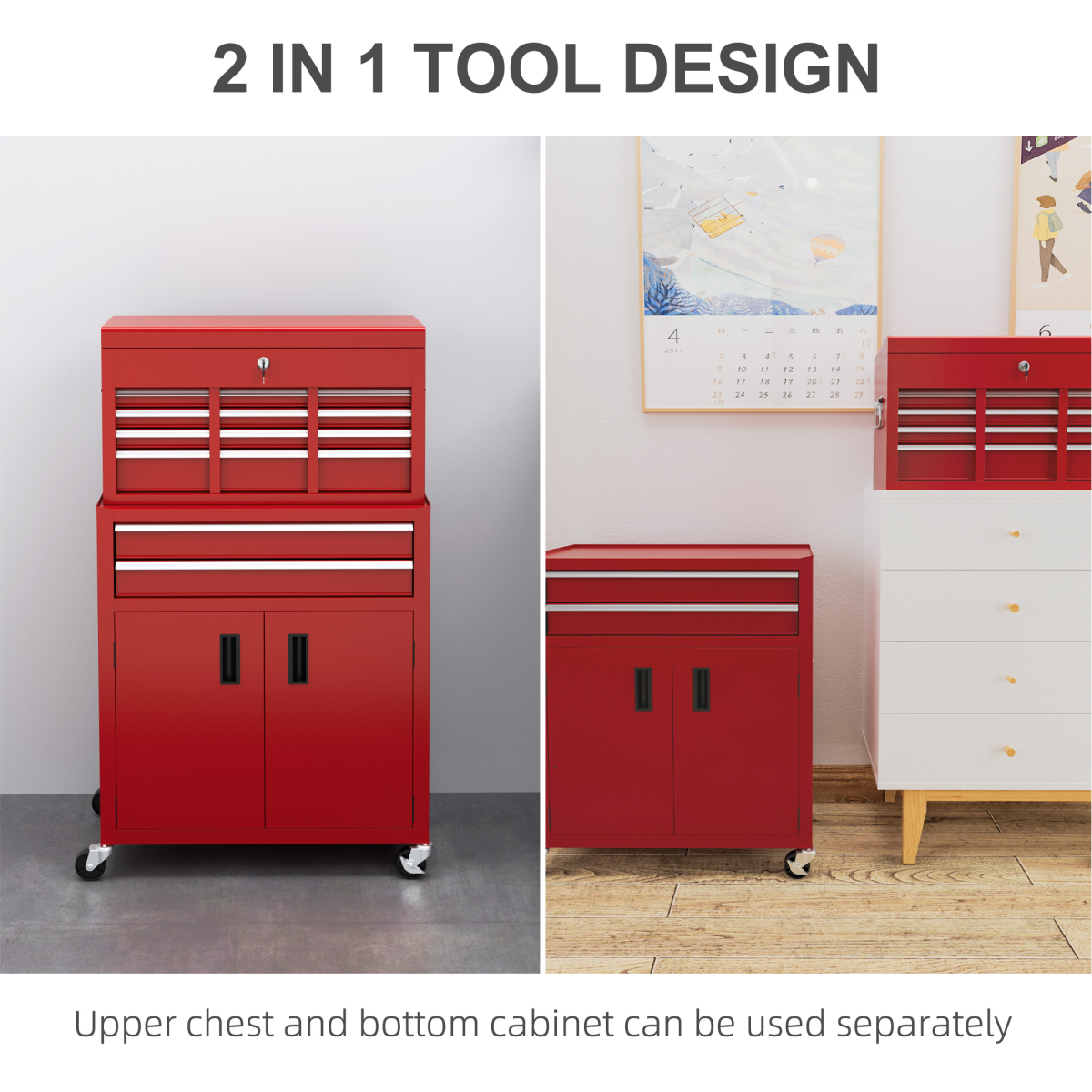 HOMCOM Top Chest and Roller Cabinet Combo Metal Tool Cabinet on Wheels