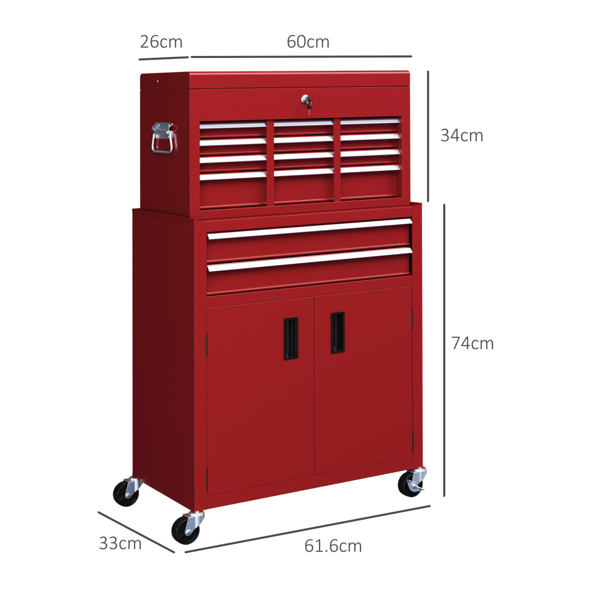 HOMCOM Top Chest and Roller Cabinet Combo Metal Tool Cabinet on Wheels