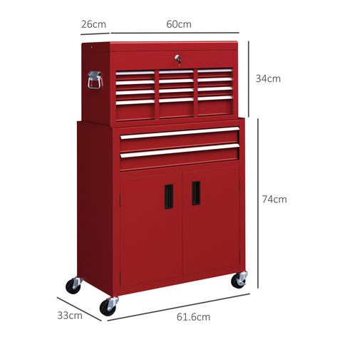 HOMCOM Top Chest and Roller Cabinet Combo Metal Tool Cabinet on Wheels