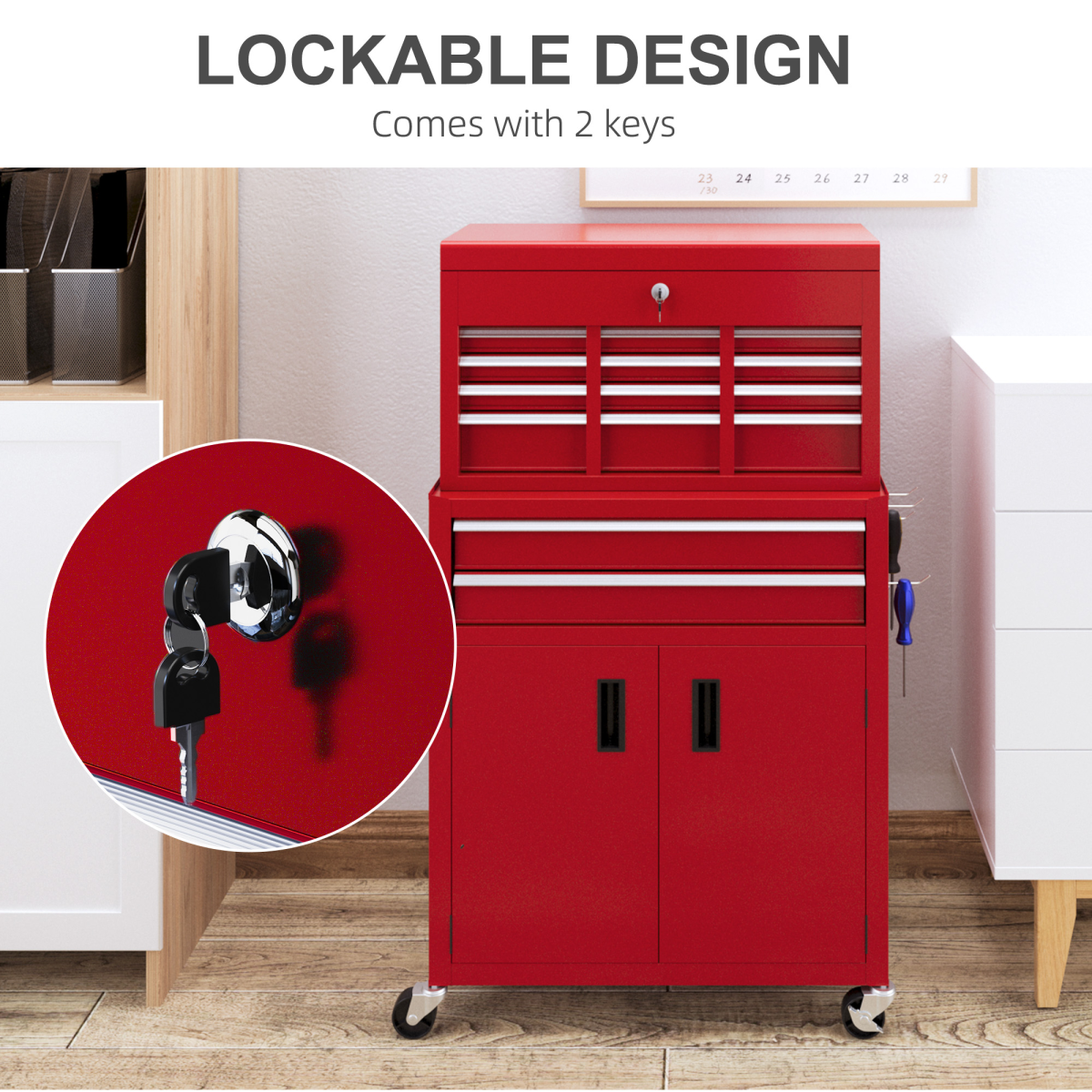 HOMCOM Top Chest and Roller Cabinet Combo Metal Tool Cabinet on Wheels