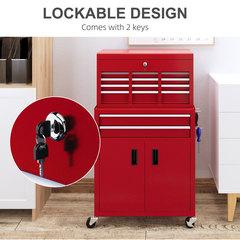 HOMCOM Top Chest and Roller Cabinet Combo Metal Tool Cabinet on Wheels