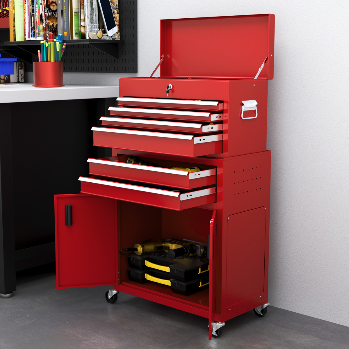 HOMCOM Top Chest and Roller Cabinet Combo Metal Tool Cabinet on Wheels