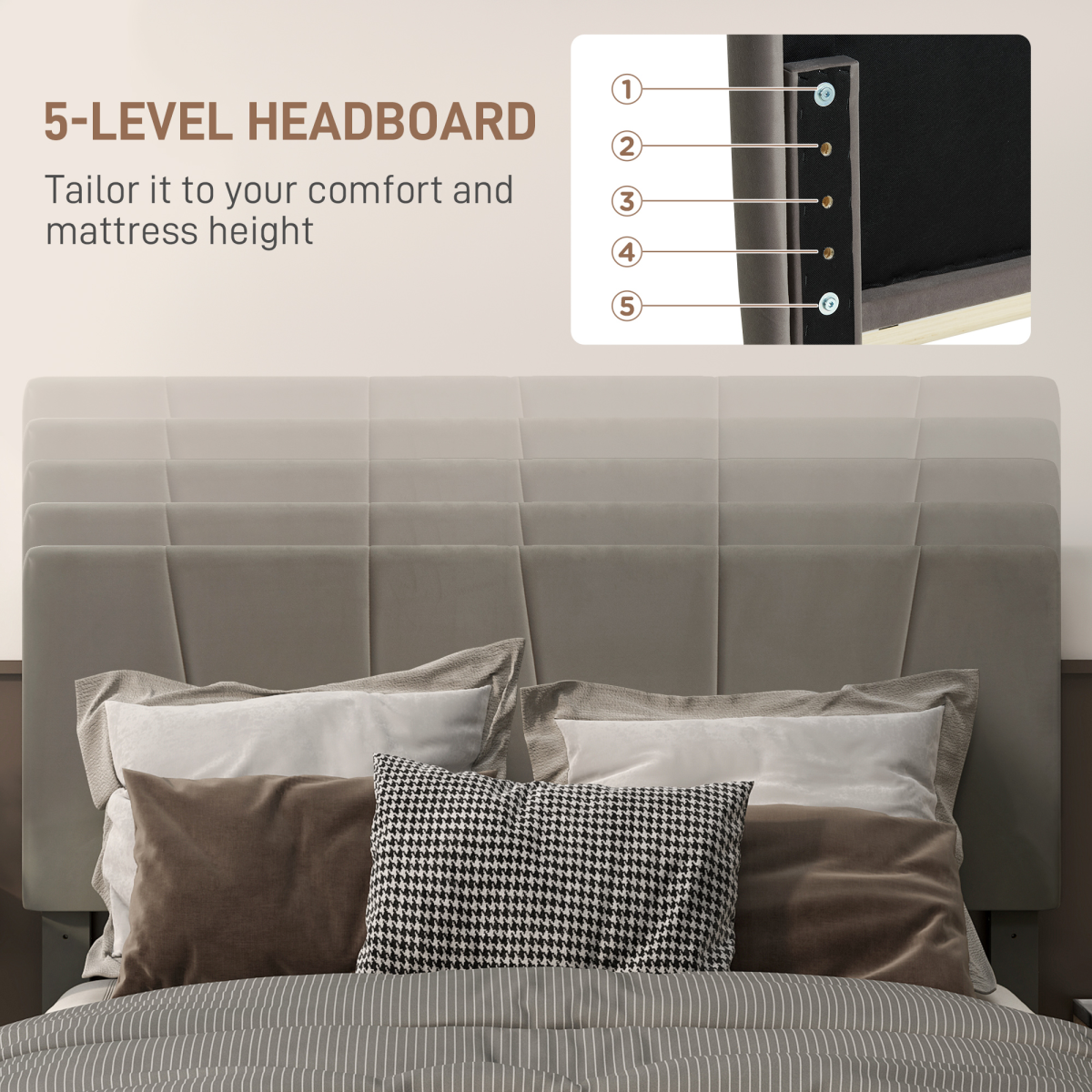 HOMCOM Double Bed Frame with 5-Level Adjustable Headboard Wooden Slats