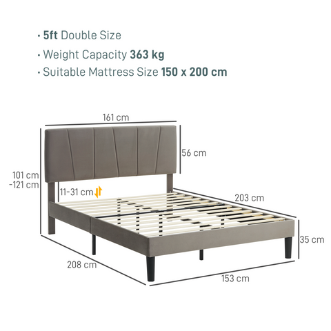 HOMCOM Double Bed Frame with 5-Level Adjustable Headboard Wooden Slats