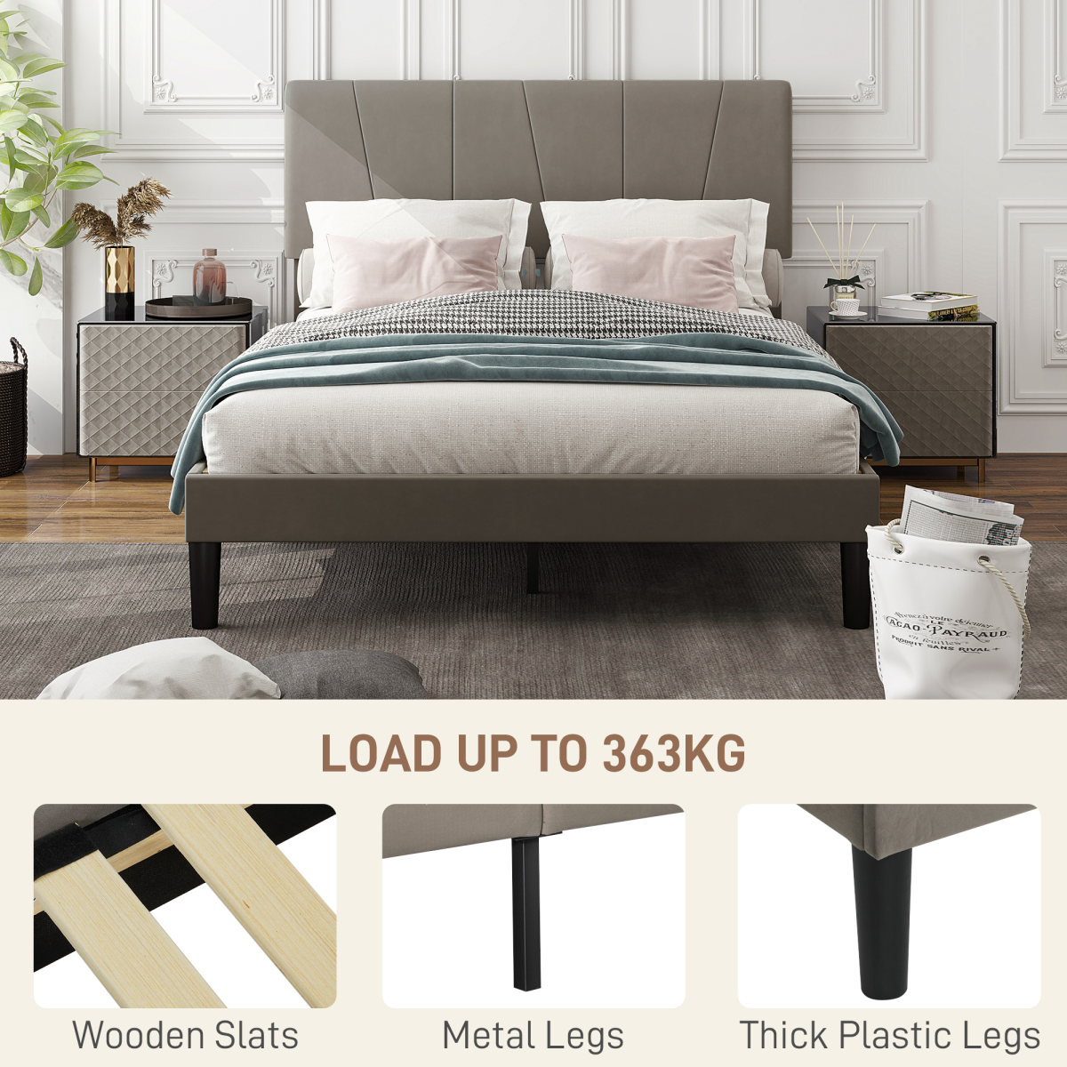 HOMCOM Double Bed Frame with 5-Level Adjustable Headboard Wooden Slats