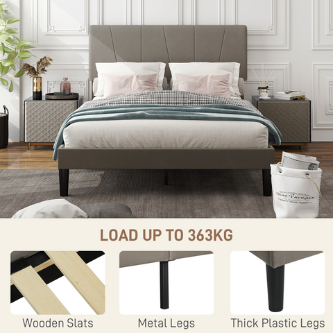 HOMCOM Double Bed Frame with 5-Level Adjustable Headboard Wooden Slats