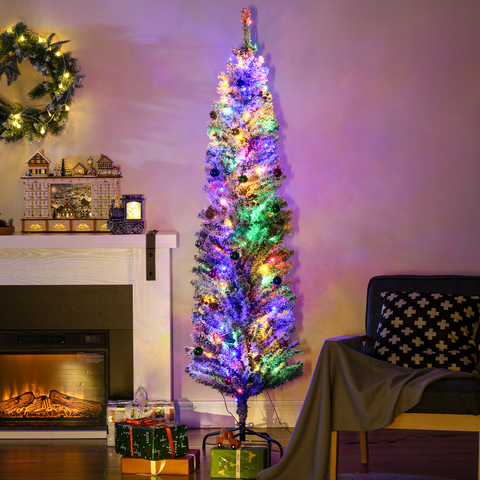HOMCOM 6' Artificial Christmas Tree with Flocked Tips, LED Lights, Decoration
