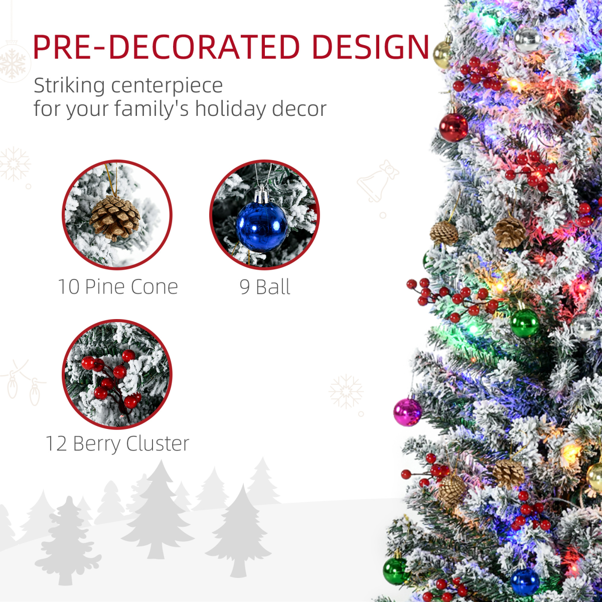 HOMCOM 6' Artificial Christmas Tree with Flocked Tips, LED Lights, Decoration