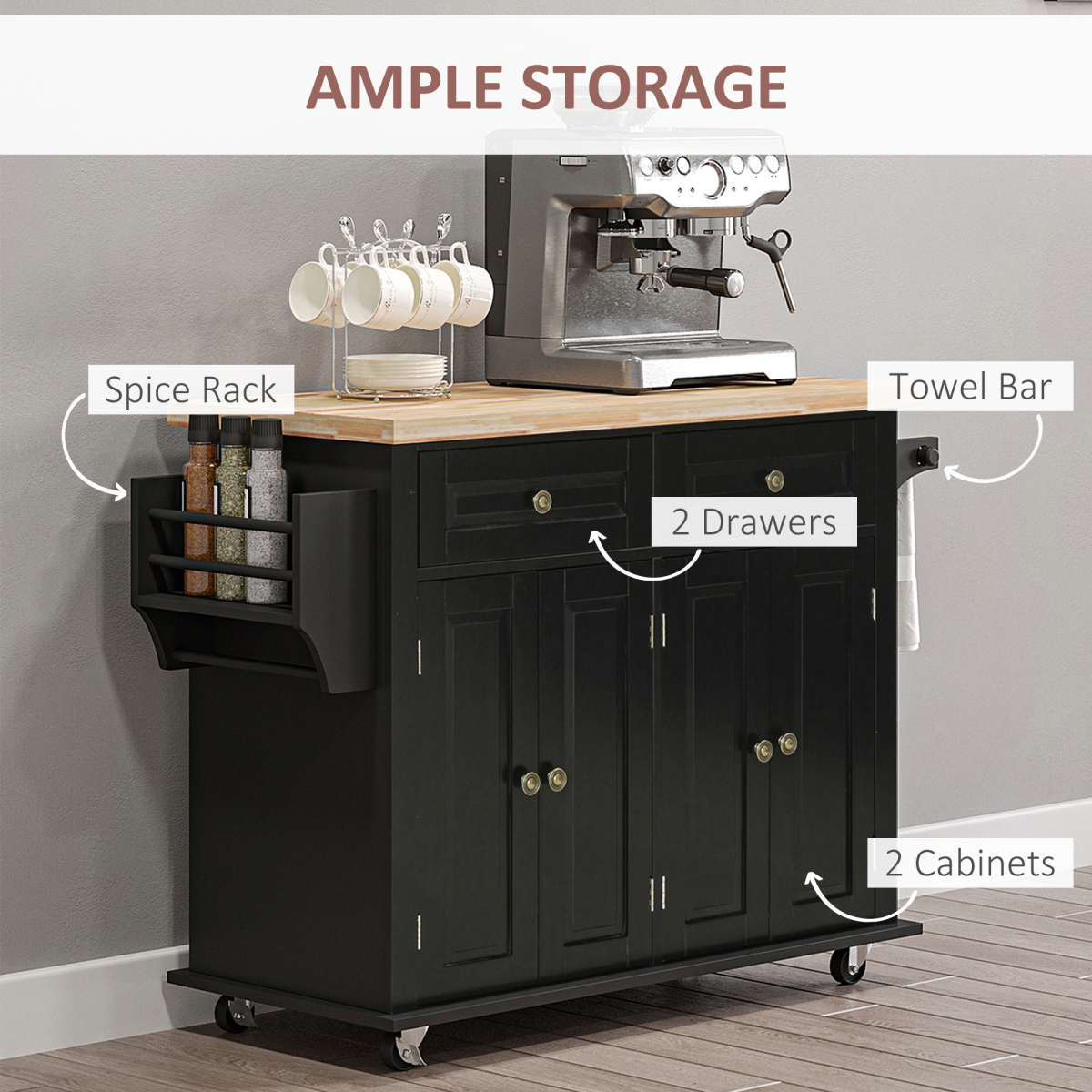 HOMCOM Rolling Kitchen Island Cart with Rubber Wood Top