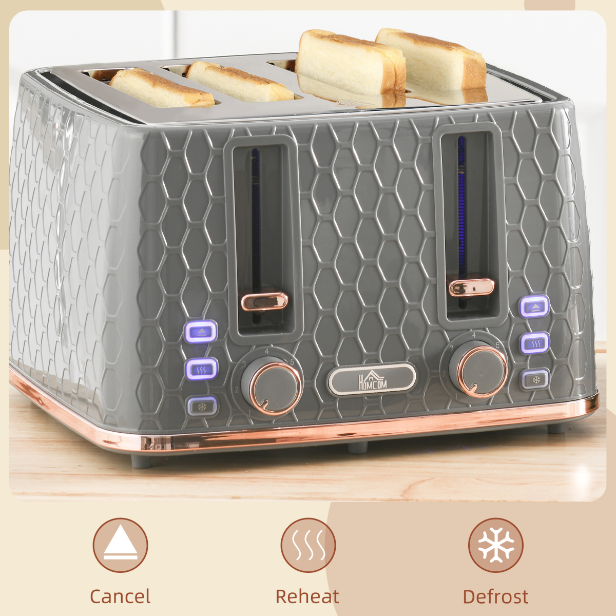 HOMCOM Toaster with 4 Slot, 7 Browning Levels, 1600W, Black Honeycomb