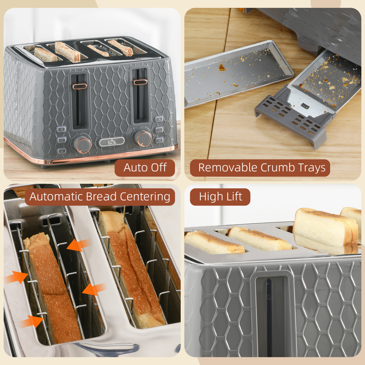 HOMCOM Toaster with 4 Slot, 7 Browning Levels, 1600W, Black Honeycomb