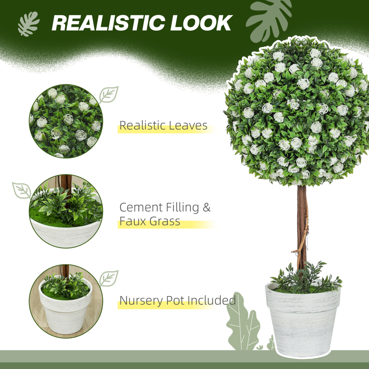 HOMCOM Set of 2 Artificial Plants with Rose Flower in Pot, 60cm