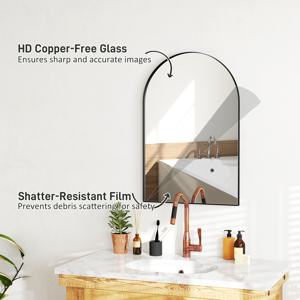 HOMCOM Arch Bathroom Mirror, Modern Wall Mirror with Steel Frame,